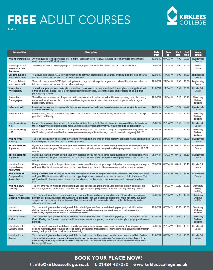 FREE ADULT COURSES - Kirklees College - HD8 Network